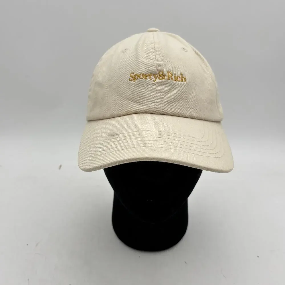 Sporty & Rich Logo Dad Hat Cream Cotton Adjustable Strapback Baseball Cap